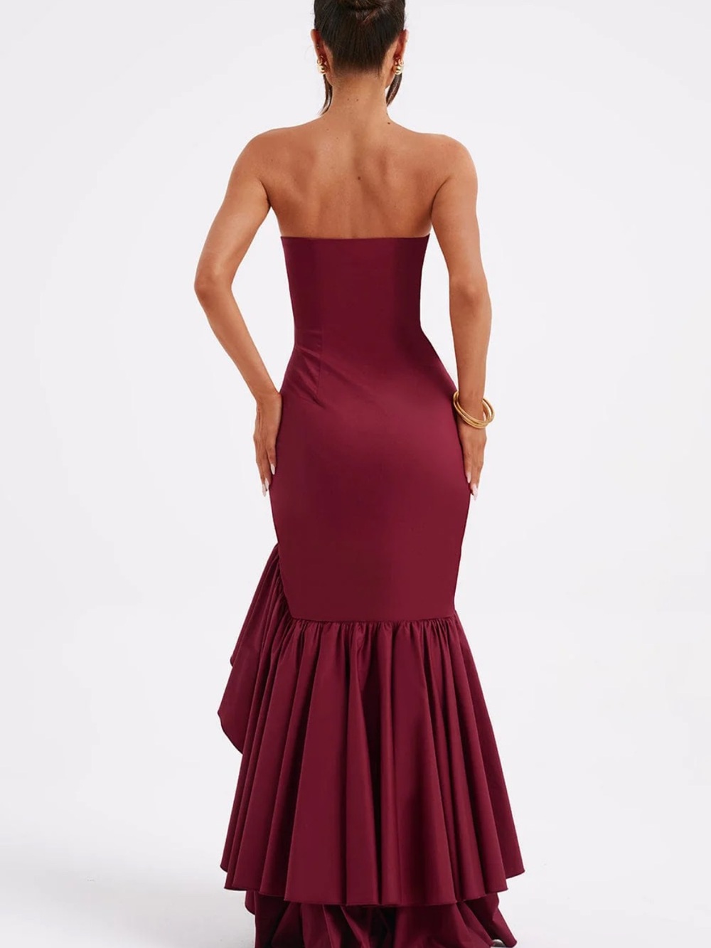 Strapless Burgundy Ruffle High-Low Prom Dress - Picture 2 of 3